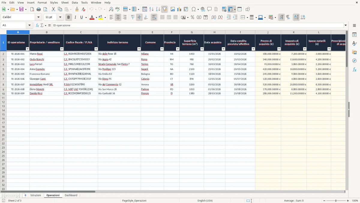 Schermata 2: scheda Operazioni - Modello Excel calcolo plusvalenza terreno edificabile excel