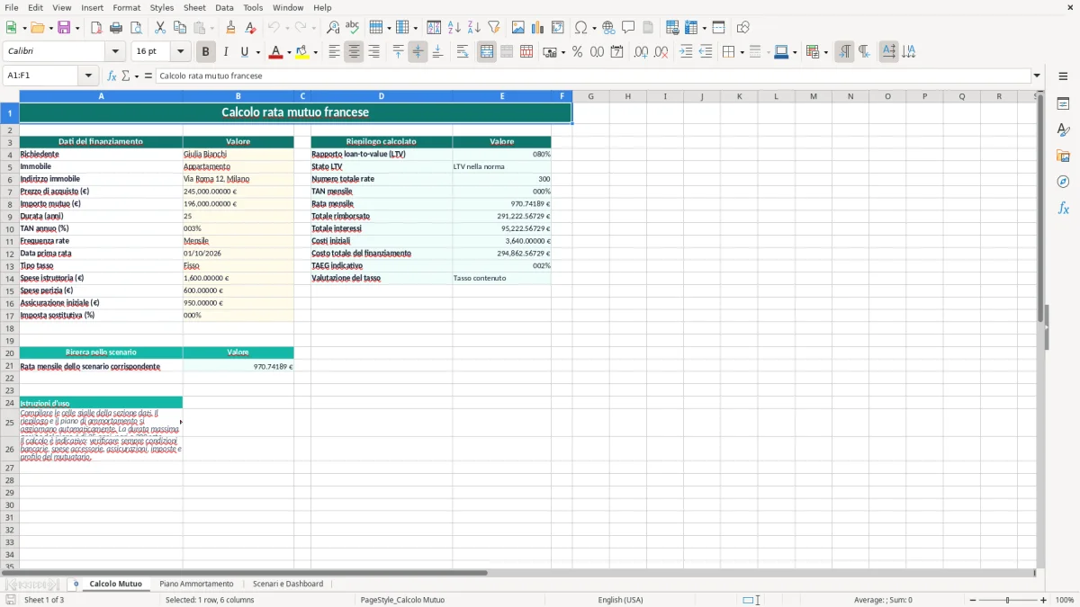 Schermata 1: scheda Calcolo Mutuo - Modello Excel calcolo rata mutuo francese excel