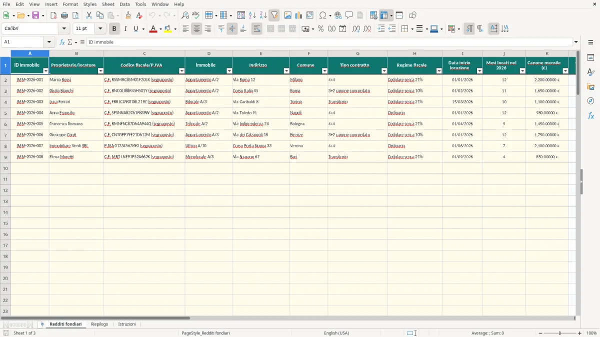 Schermata 1: scheda Redditi fondiari - Modello Excel calcolo redditi fondiari excel