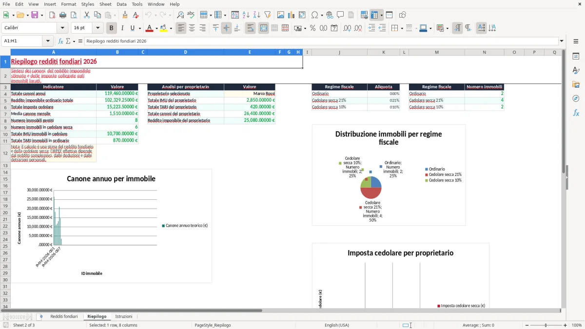 Schermata 2: scheda Riepilogo - Modello Excel calcolo redditi fondiari excel