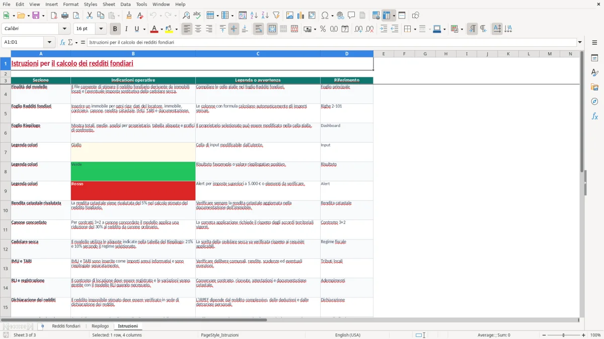 Schermata 3: scheda Istruzioni - Modello Excel calcolo redditi fondiari excel
