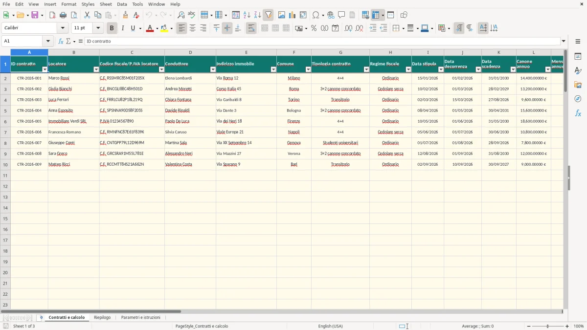Schermata 1: scheda Contratti e calcolo - Modello Excel imposta bollo contratto locazione excel