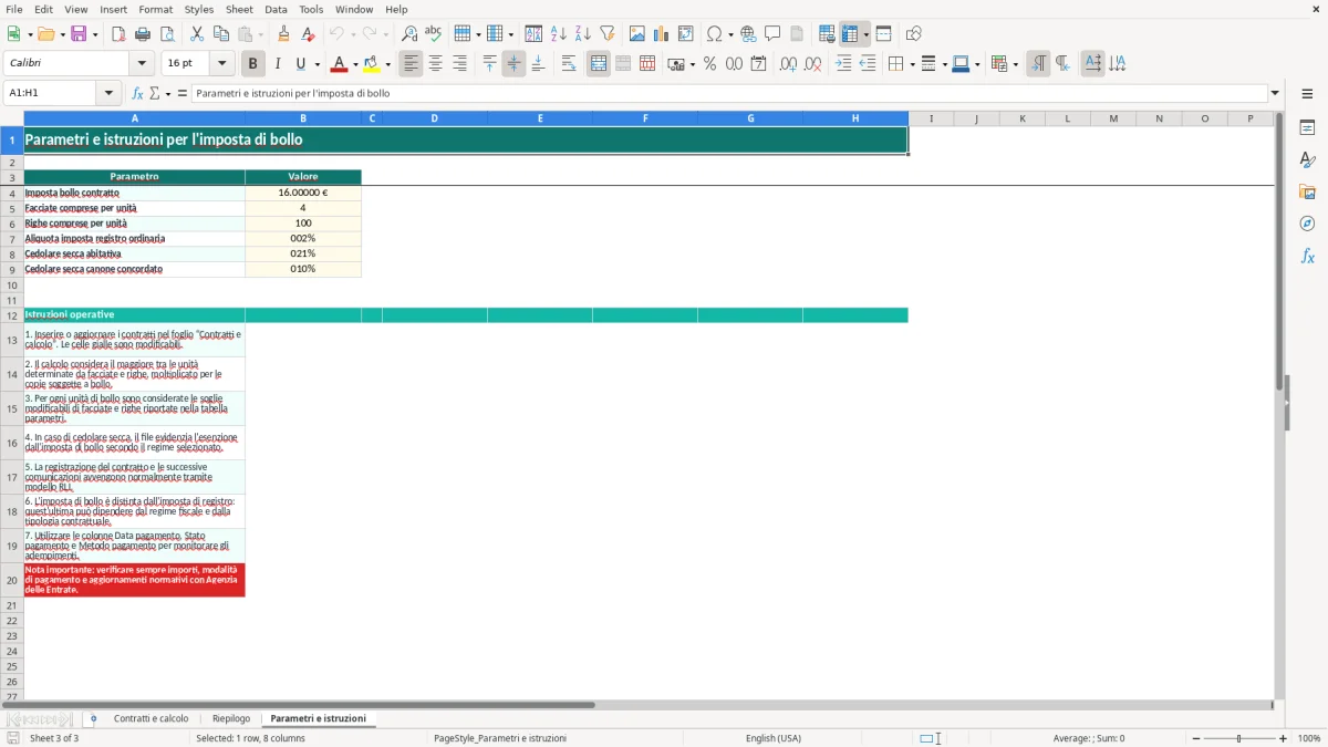 Schermata 3: scheda Parametri e istruzioni - Modello Excel imposta bollo contratto locazione excel