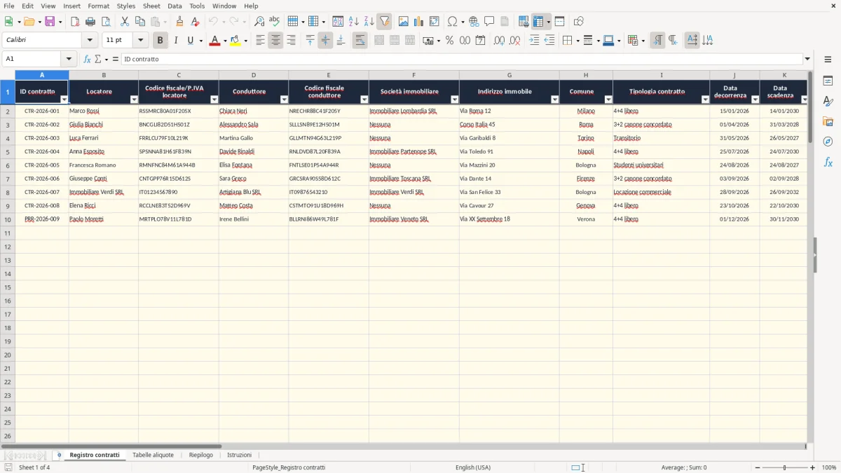 Schermata 1: scheda Registro contratti - Modello Excel imposta registro affitto excel