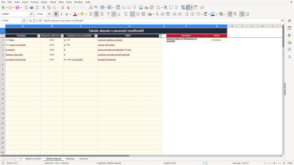 Schermata 2: scheda Tabelle aliquote - Modello Excel imposta registro affitto excel