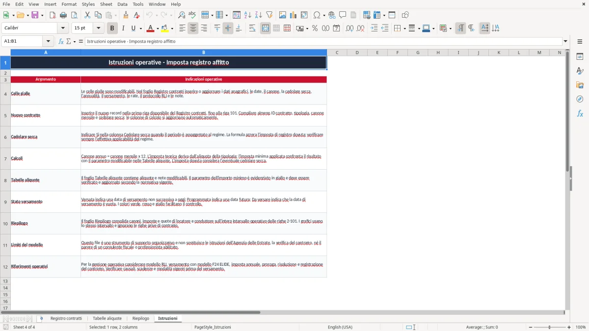 Schermata 4: scheda Istruzioni - Modello Excel imposta registro affitto excel