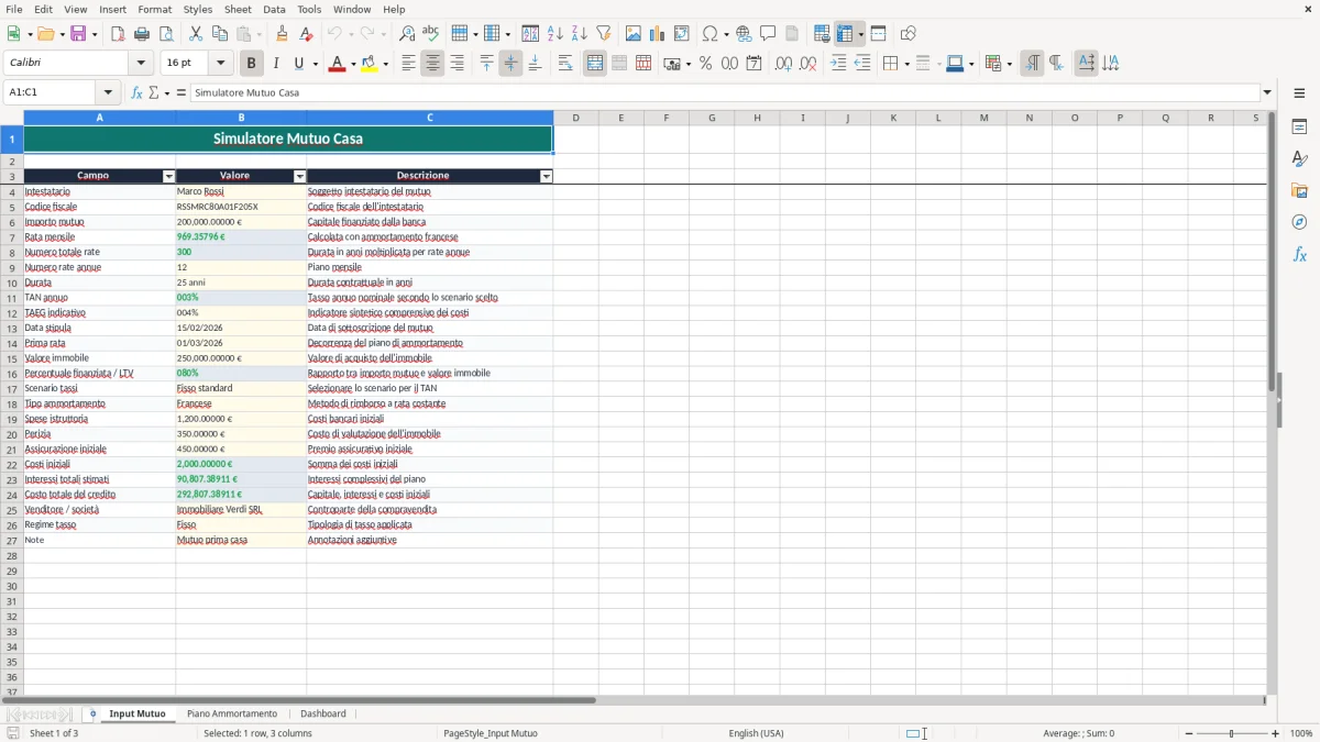 Schermata 1: scheda Input Mutuo - Modello Excel piano ammortamento mutuo casa excel
