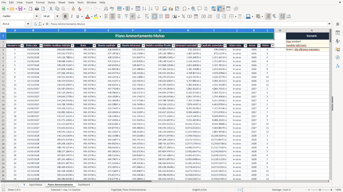 Schermata 2: scheda Piano Ammortamento - Modello Excel piano ammortamento mutuo casa excel